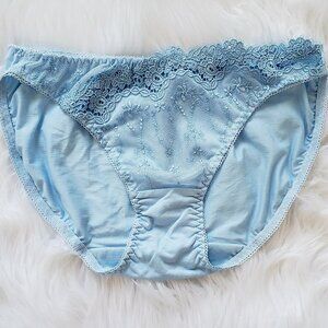 Embroidered floral lace trim bikini panty in pale blue
